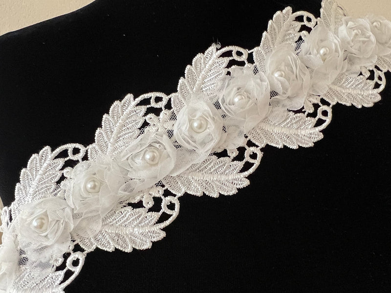 PEPPERLONELY 1 Yard White 3D Pearl Chiffon Flower Embroidered Lace Edge Trim Ribbon, Flower Width 7.5cm - NewNest Australia