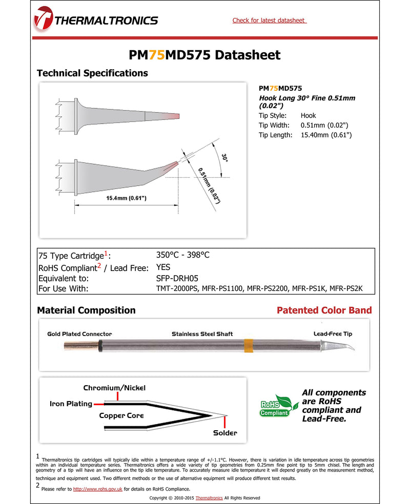 Thermaltronics PM75MD575 Hook Long 30deg Fine 0.51mm (0.02in) interchangeable for Metcal SFP-DRH05 - NewNest Australia