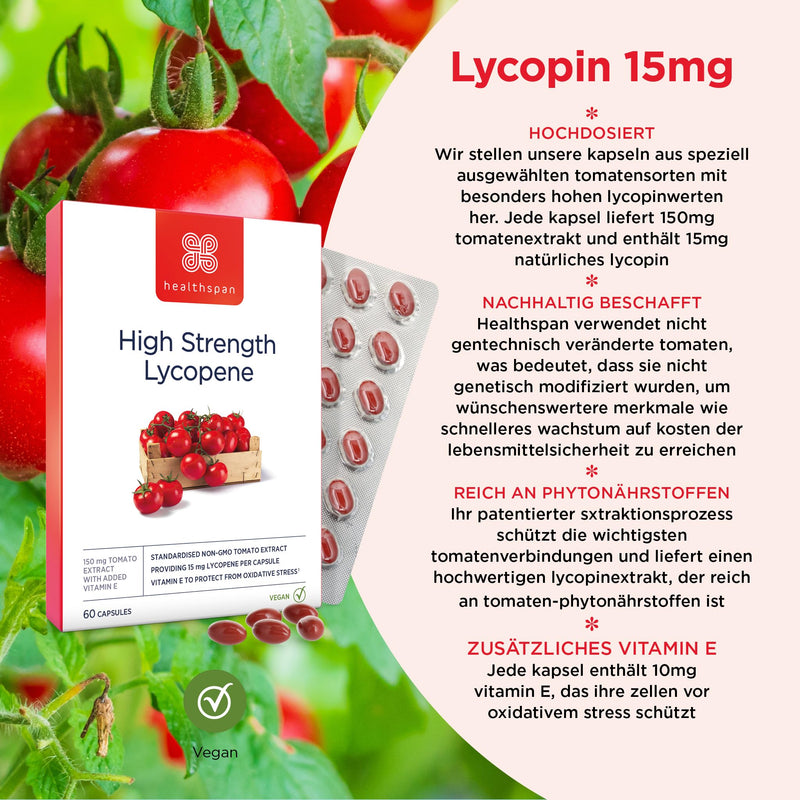 Healthspan Lycopene 15 mg | 150 mg tomato extract | Vitamin E | Rich in tomato phytonutrients | No GMO tomatoes | Vegan | 60 capsules - NewNest Australia