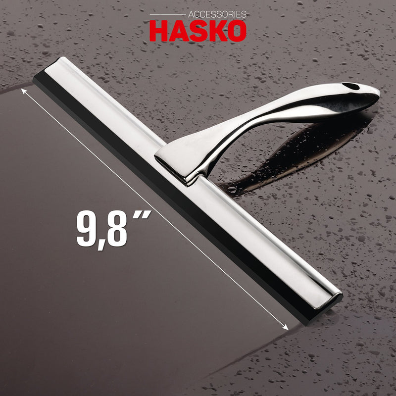 Bathroom Shower Squeegee Chrome Plated Stainless Steel with Matching Suction Cup Hook Holder, 3M Adhesive Mounting Disc, 3M Hook,1 Replacement Rubber Blade HASKO Accessories, 9.8-Inch - NewNest Australia