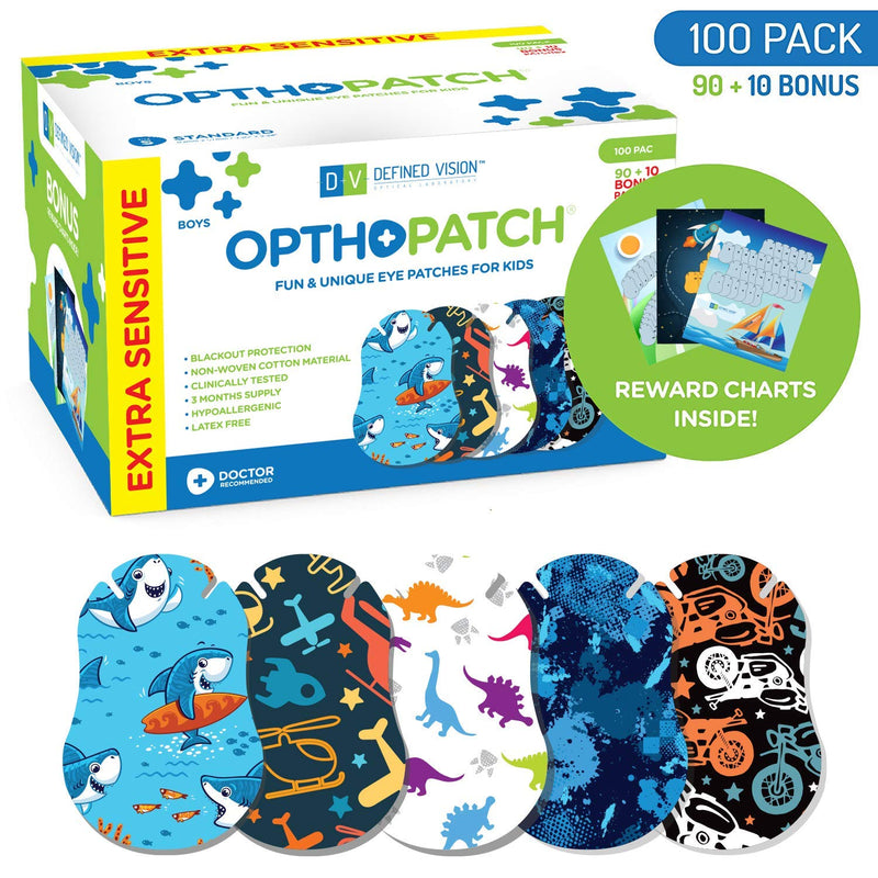 OPTHOPATCH Kids Eye Patches - Fun Boys Design - 90+10 Bonus Latex Free Hypoallergenic Cotton Extra Sensitive Adhesive Bandages for Amblyopia & Cross Eye-3 Reward Chart Posters by Defined Vision - NewNest Australia