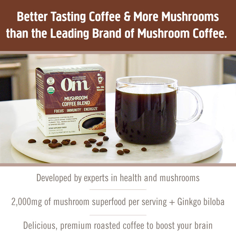 Om Mushroom Superfood Coffee Blend Mushroom Powder, Single Serve, 10 Count, Organic Arabica Beans, Lion's Mane, Cordyceps, Turkey Tail, Reishi Extract, Ginkgo Biloba, Supports Energy and Focus 10 Servings - NewNest Australia