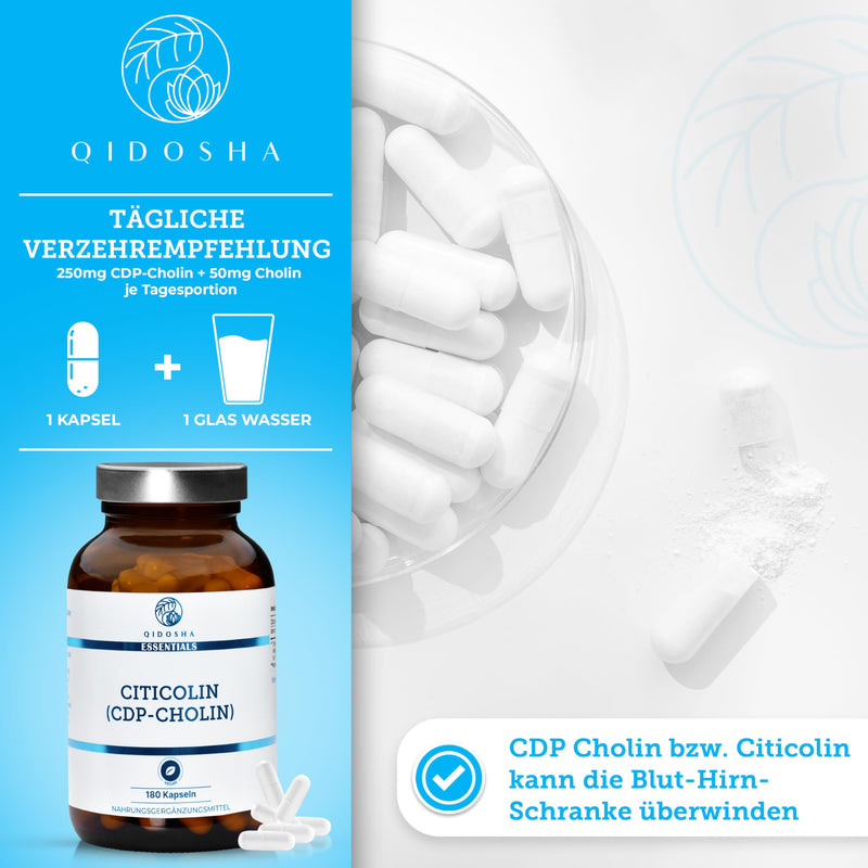 QIDOSHA® CDP Choline (Citicoline) capsules high dosage, 180 capsules in a pharmacist jar, full 250mg Citicoline/CDP Choline per capsule, vegan, laboratory tested, German production, Citicoline CDP Choline 250mg - NewNest Australia