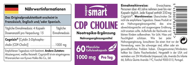 Supersmart - Cdp Choline (Citicoline) 1000 Mg Per Serving - Nootropic Supplement - Optimises Norepinephrine, Dopamine & Acetylcholine Levels - Brain Supplement | Non-Gmo - 60 Vegetarian Capsules - NewNest Australia