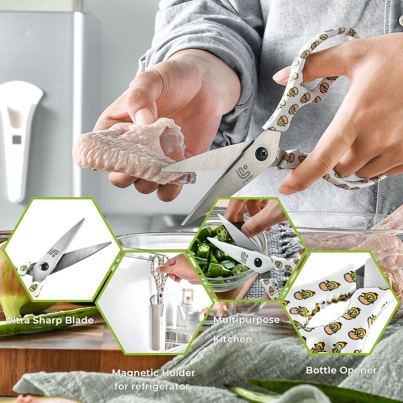 Linoroso Heavy Duty Kitchen Scissor Ultra Sharp Utility Scissors with Cover, Cooking Cutting Stainless Steel Food Shears for Meat Poultry Fish Chicken Pizza Vegetables Herbs BBQ Nuts - Chick Graphic White/Chick - NewNest Australia