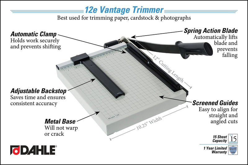 Dahle 12e Vantage Paper Trimmer, 12" Cut Length, 15 Sheet, Automatic Clamp, Adjustable Guide, Metal Base with 1/2" Gridlines, Guillotine Paper Cutter Cut Length: 12" - NewNest Australia