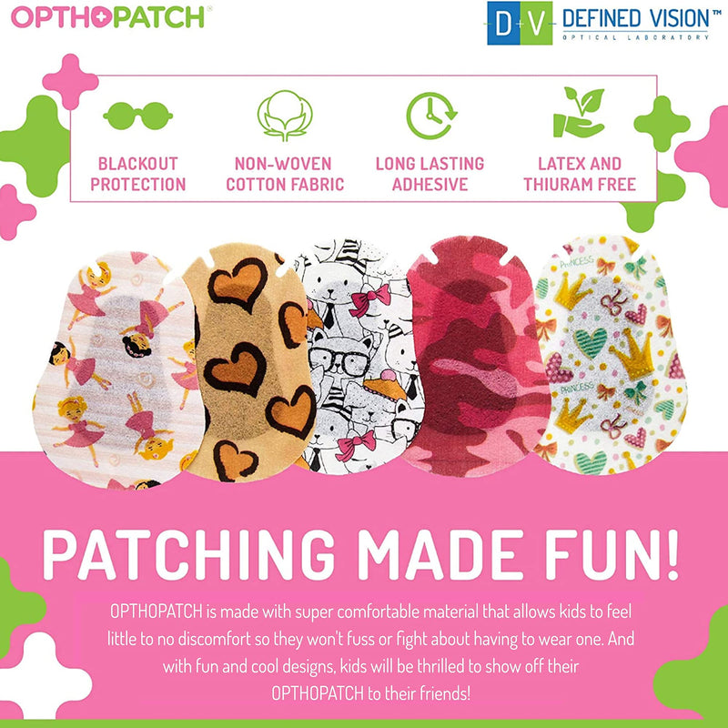 Opthopatch Kids Eye Patches - Fun Girls Design [Series I] - 60 + 10 Bonus Latex Free Hypoallergenic Cotton Adhesive Bandages for Amblyopia and Cross Eye - 3 Reward Chart Posters by Defined Vision - NewNest Australia