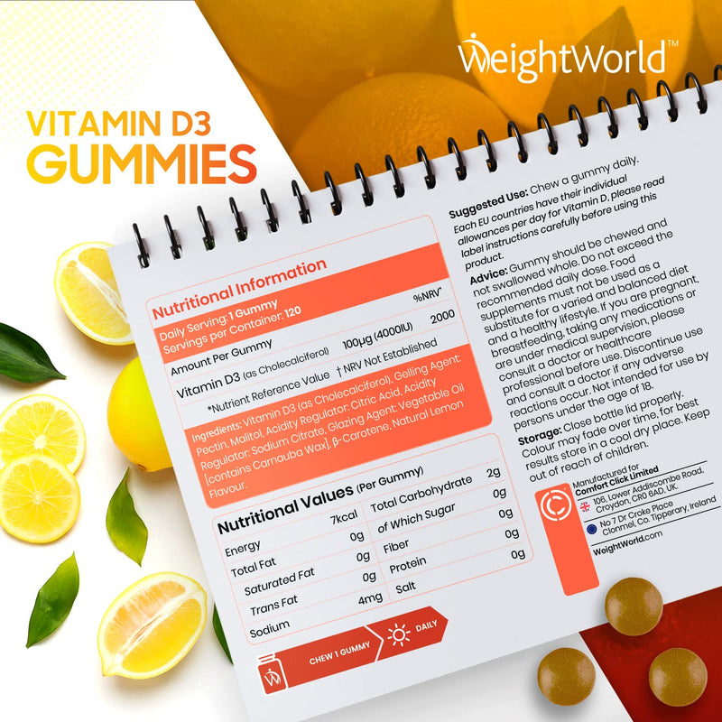 Vitamin D Gummies Adults 4000IU - Sugar Free - 4 Month Supply - Natural Lemon Flavour - 120 Chewable Vitamin D3 Gummies - Vegetarian Friendly - High Strength Vitamin D Supplement - GMO & Gluten Free - NewNest Australia