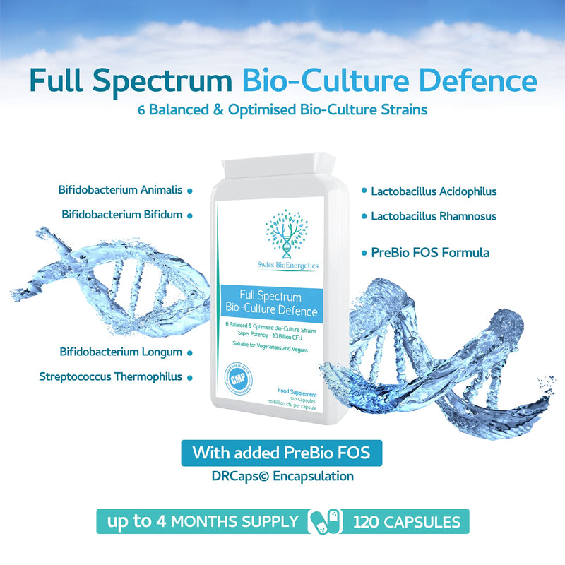 Full Spectrum Bio-Culture Defence - 120 Capsules - High Strength 10 Billion Live CFU Multi-Strain Bio-Cultures + FOS Formula - Latest DRCaps© Encapsulation to Protect from gastric acids - NewNest Australia