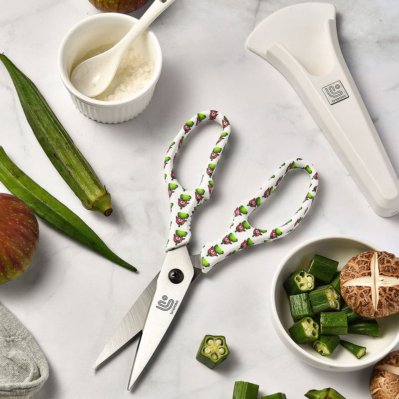 Linoroso Heavy Duty Kitchen Scissor Ultra Sharp Utility Scissors with Cover, Cooking Cutting Stainless Steel Food Shears for Meat Poultry Fish Chicken Pizza Vegetables Herbs BBQ Nuts - Chili Graphic White/Chili - NewNest Australia