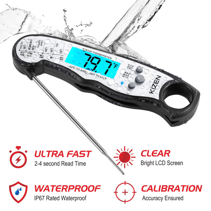 NewNest Australia - Kizen Instant Read Meat Thermometer - Best Waterproof Ultra Fast Thermometer with Backlight & Calibration. Kizen Digital Food Thermometer for Kitchen, Outdoor Cooking, BBQ, and Grill! Jet Black 