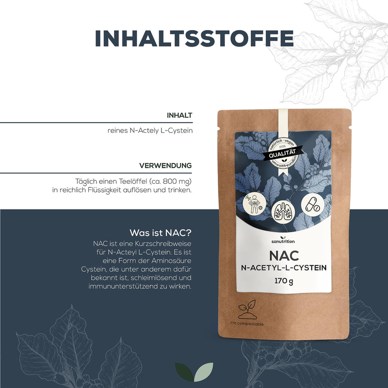 Sanutrition NAC powder 170 g per bag for more than 6 months - NAC Acetyl L-Cysteine in the best quality - N-Acetyl-Cysteine powder 100% pure and produced in Austria without additives - NewNest Australia