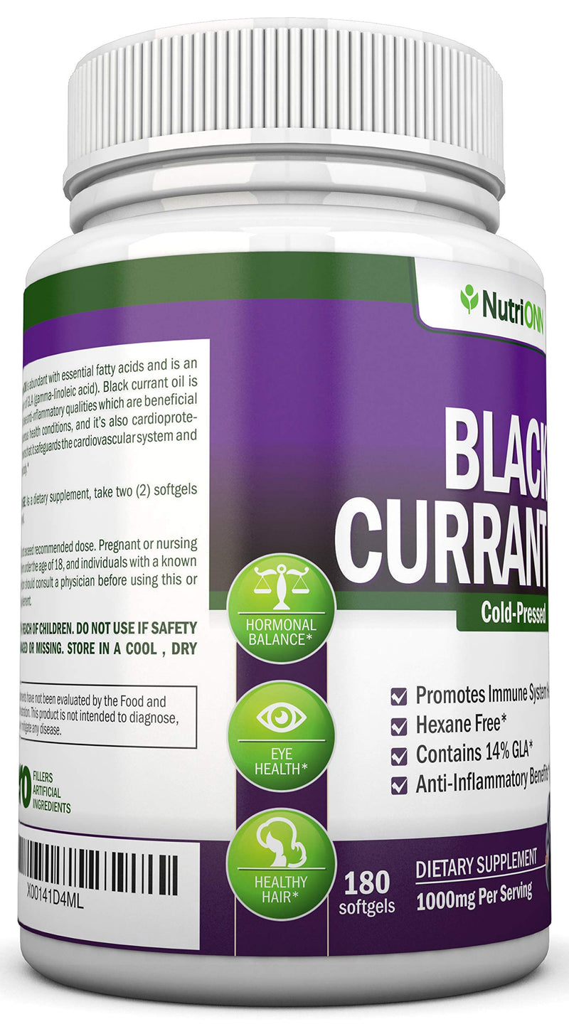 Black Currant Oil - 1000 Mg - 180 Softgels - Cold-Pressed Pure Black Currant Seed Oil - Hexane Free - 140mg GLA Per Serving - Regulates Hormonal Balance - Great For Immune System, Hair, Skin and Heart - NewNest Australia