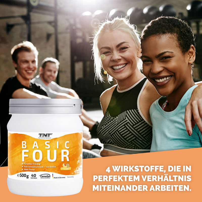 TNT Basic Four Peach-Passion Fruit (500g) • Pre Workout Booster • With Creapure® creatine monohydrate, tyrosine, beta-alanine • Training booster - NewNest Australia