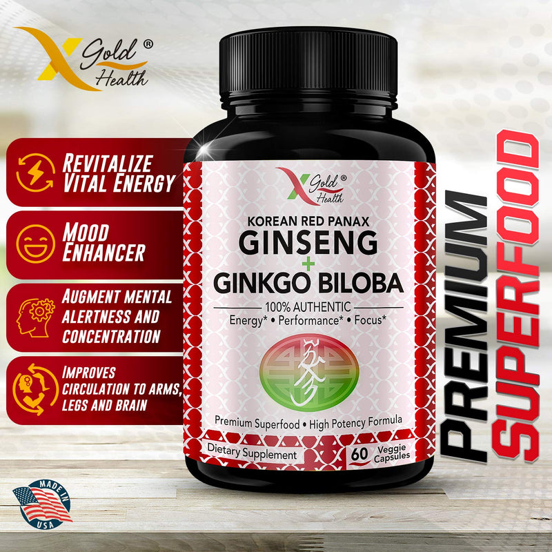 Korean Red Panax Ginseng 1200mg + Ginkgo Biloba - Extra Strength Root Extract Powder Supplement w/High Ginsenosides Vegan Capsules for Energy, Performance & Focus Pills for Men & Women 60 Count (Pack of 1) - NewNest Australia