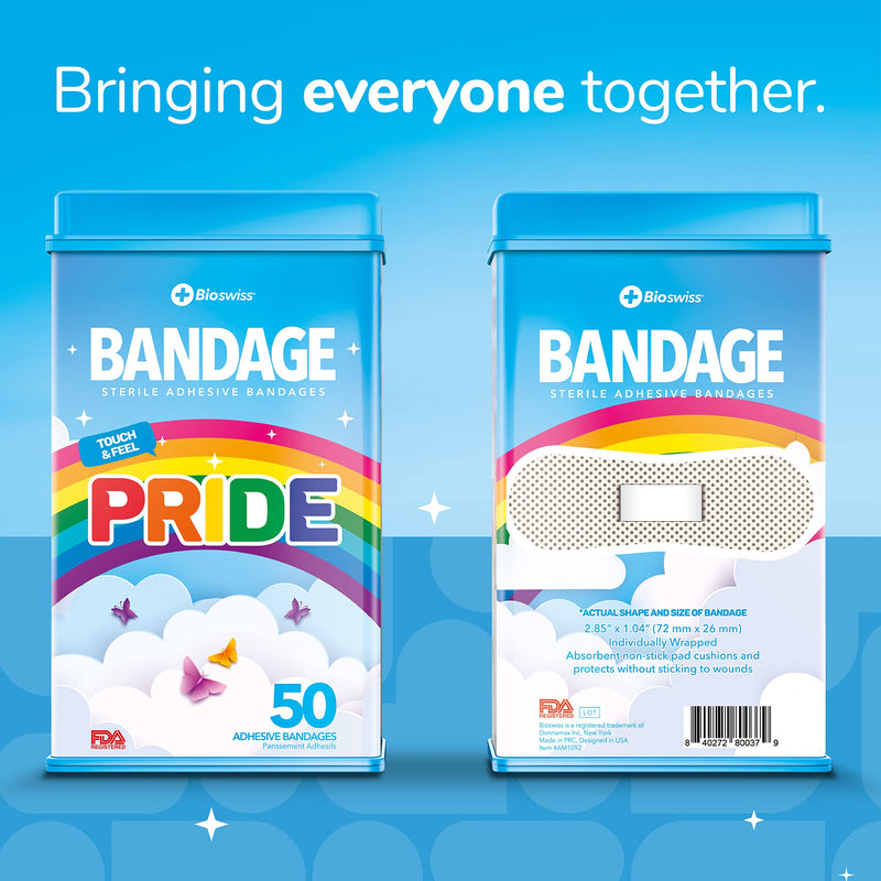 BioSwiss 50pcs Sterile Adhesive Unique Shaped Bandages | Adhesive Sterile LGBTQ+ Rainbow Pride Bandaids in Support of Gay Pride Protect Scrapes and Cuts | Wellness for Everyone | Reusable Tin (Pride) - NewNest Australia