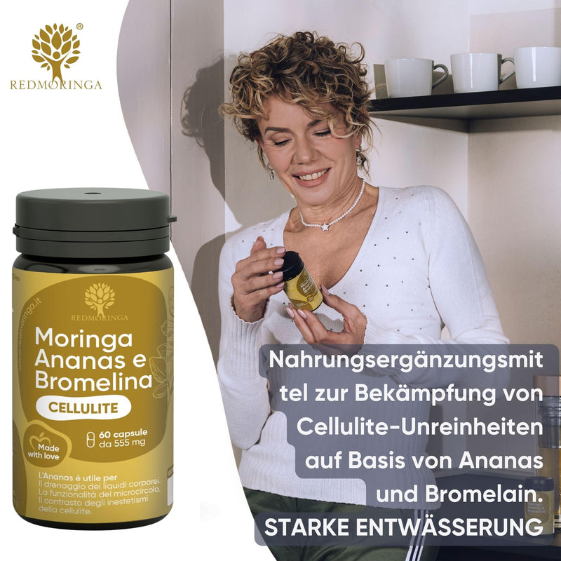 RedMoringa Anti-Cellulite, Powerful and Draining, 100% Natural Supplement, Contrasts Cellulite and Water Retention, Bromelain 5000 GDU Pineapple and Moringa (60 Capsules) 60 Capsules - NewNest Australia