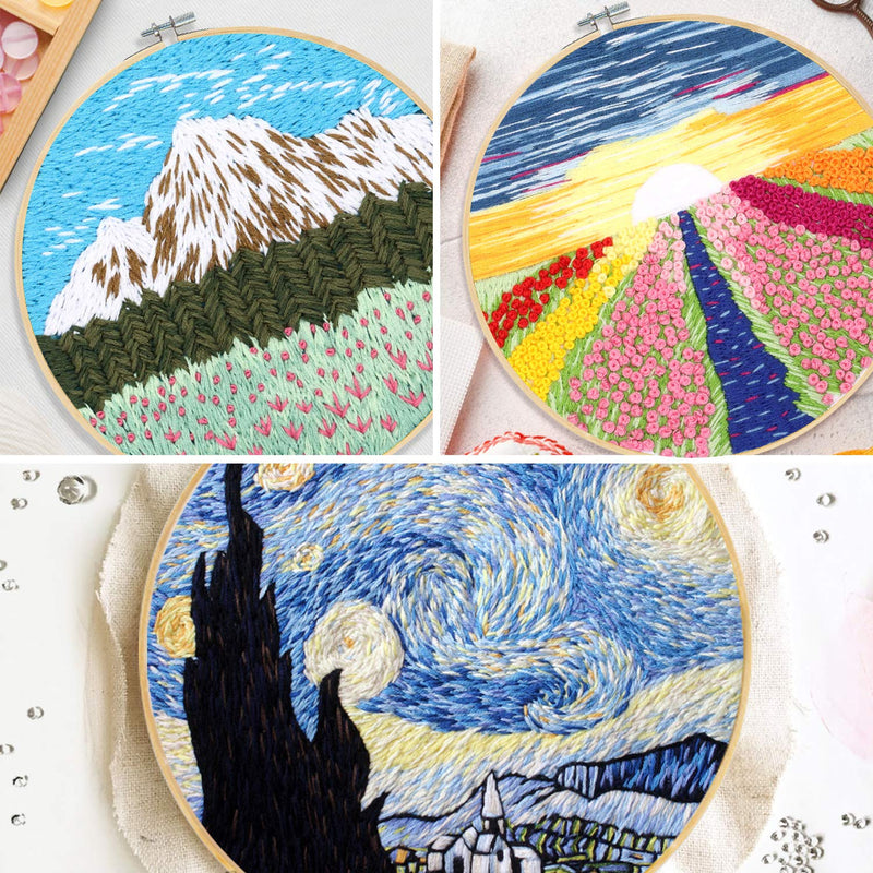 Santune 3 Sets Embroidery Starter Kit with Pattern and Instructions, Cross Stitch Set, Stamped Embroidery Kits with 3 Embroidery Clothes with Pattern, 1 Embroidery Hoops A-Van Gogh-Rainbow-Mountain - NewNest Australia