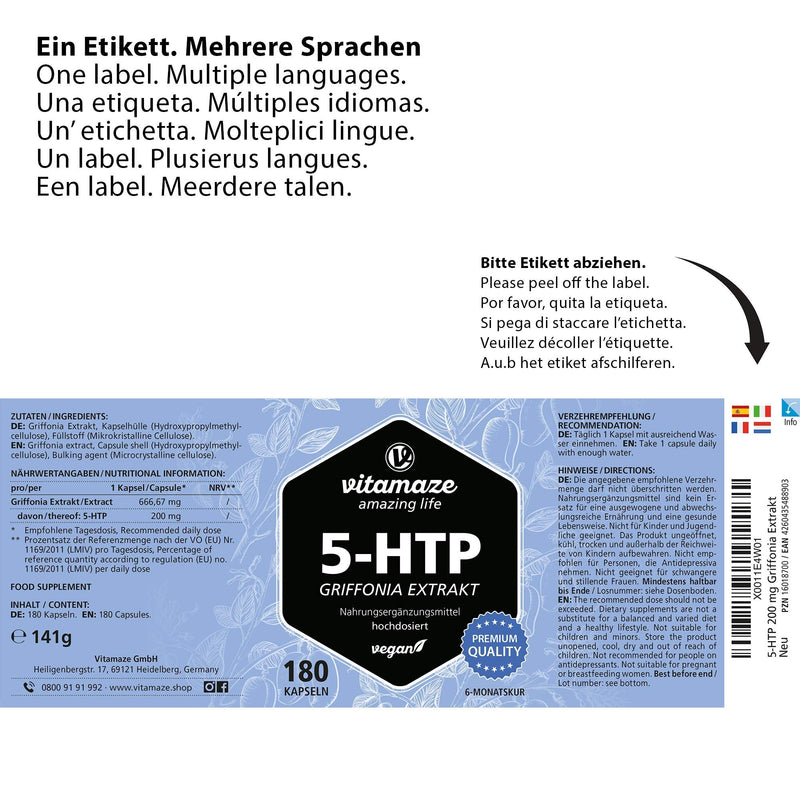 5HTP 667mg Griffonia Simplicifolia Seed Extract - 6 Months Supply -180 Vegan Capsules for Sleep and Relax Support - Natural High Strength Supplement Without Additives, German Quality - NewNest Australia
