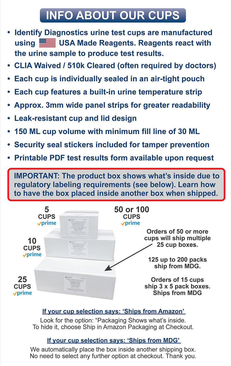 5 Pack Identify Diagnostics 10 Panel Drug Test Cup - Testing Instantly for 10 Different Drugs THC, COC, OXY, MOP, AMP, BAR, BZO, MET, MTD, PCP ID-CP10 (5) 5 - NewNest Australia