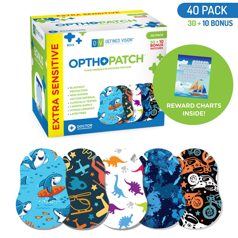 OPTHOPATCH Kids Eye Patches - Fun Boys Design - 30 + 10 Bonus Latex Free Hypoallergenic Cotton Extra Sensitive Adhesive Bandages for Amblyopia & Cross Eye-3 Reward Chart Posters by Defined Vision - NewNest Australia