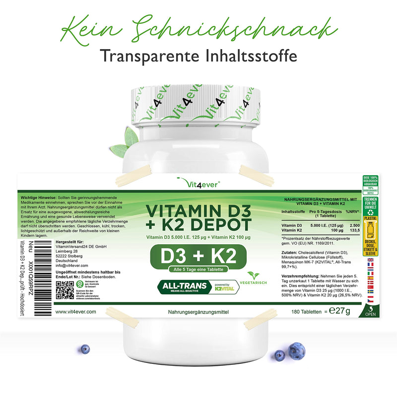 Vitamin D3 + K2 Depot - 180 tablets - Premium raw material: 99.7+% All-Trans (K2VITAL® from Kappa) - With 5000 IU vitamin D3 per tablet - Laboratory tested - High dosage 180 pieces (pack of 1) - NewNest Australia