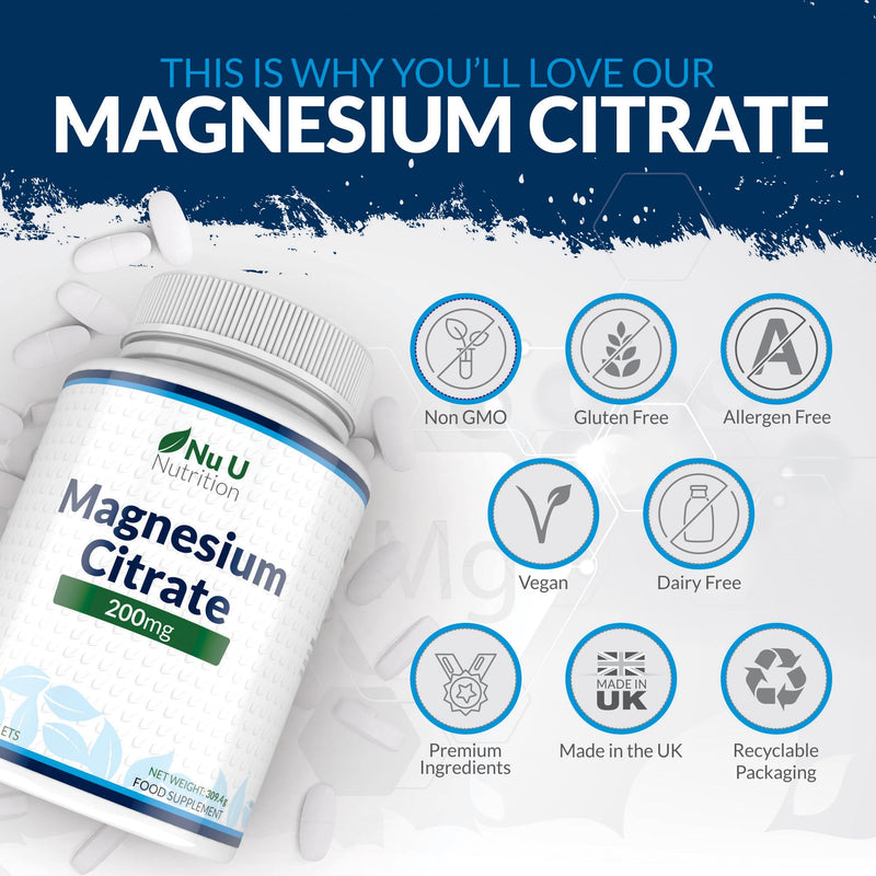 Magnesium Citrate 200mg - 180 Magnesium Tablets - 200mg per Tablets - 6 Month Supply - High Dose - Nu U Nutrition - NewNest Australia