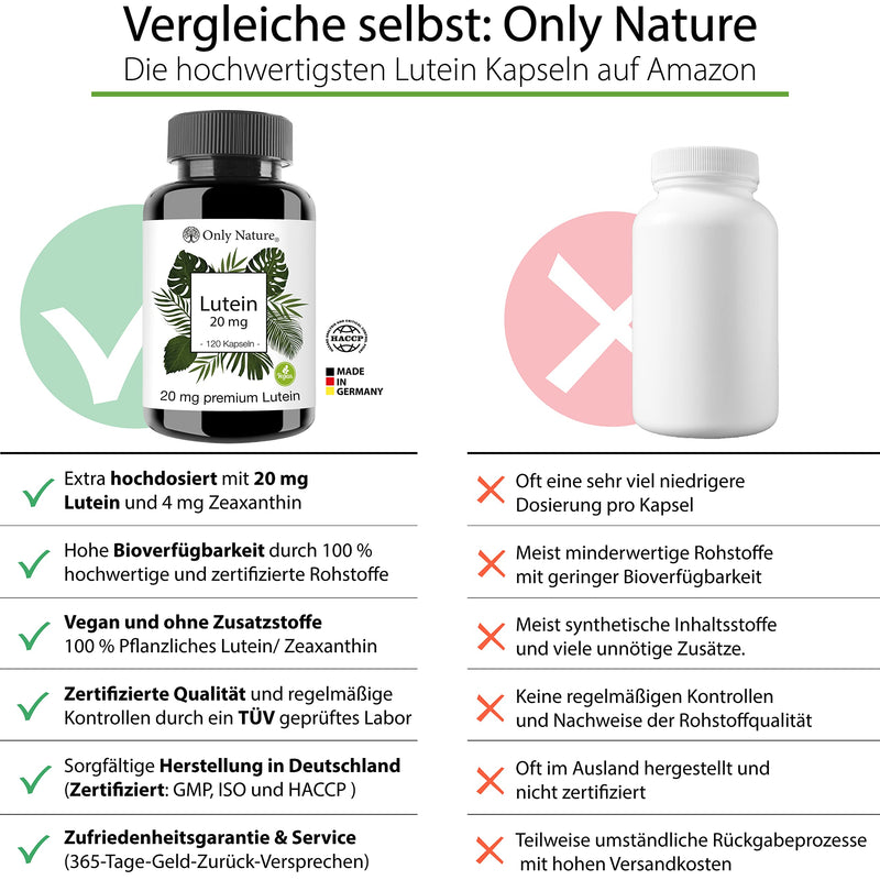 Only Nature Lutein 20 Mg (With 4 Mg Zeaxanthin) - 120 Capsules - Extra High Dose - Produced In Germany & Laboratory Tested Eye Capsules - 100% Vegan - Lutein High Dose - NewNest Australia