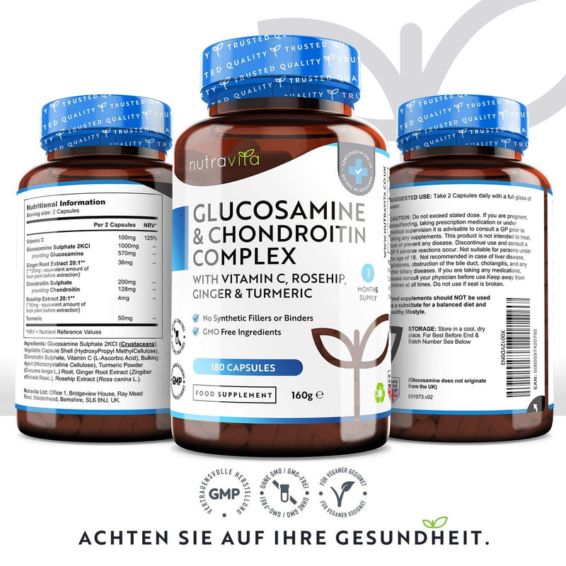 Glucosamine & Chondroitin Complex - 180 capsules - with vitamin C, turmeric, ginger and rose hip - GMO free and without additives - high dosage - NewNest Australia