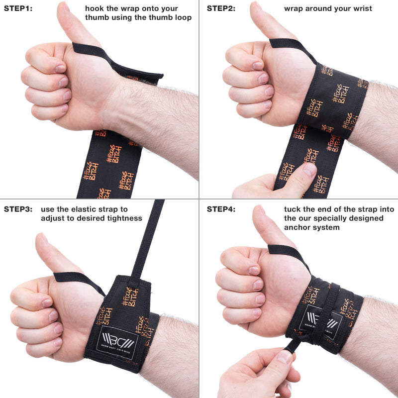 WARM BODY COLD MIND Premium Cotton Wrist Wraps for Crossfit, Olympic Weight Lifting, Powerlifting, Bodybuilding, Deadlift, Strength Training and Wrist Support with Thumb Loop Orange/Focus - NewNest Australia