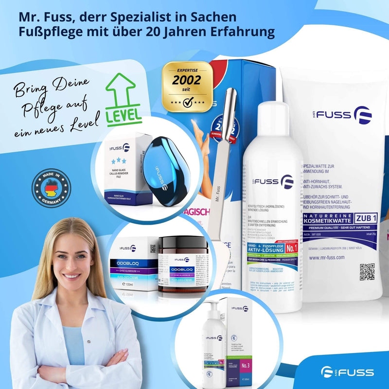 Mr. Fuss® No. 1 - Plus Pack Multi - Small, cuticle callus remover economy package 3 pieces. Active solution, quick & strong emollient - 200 ml, cotton wool, multitool - NewNest Australia