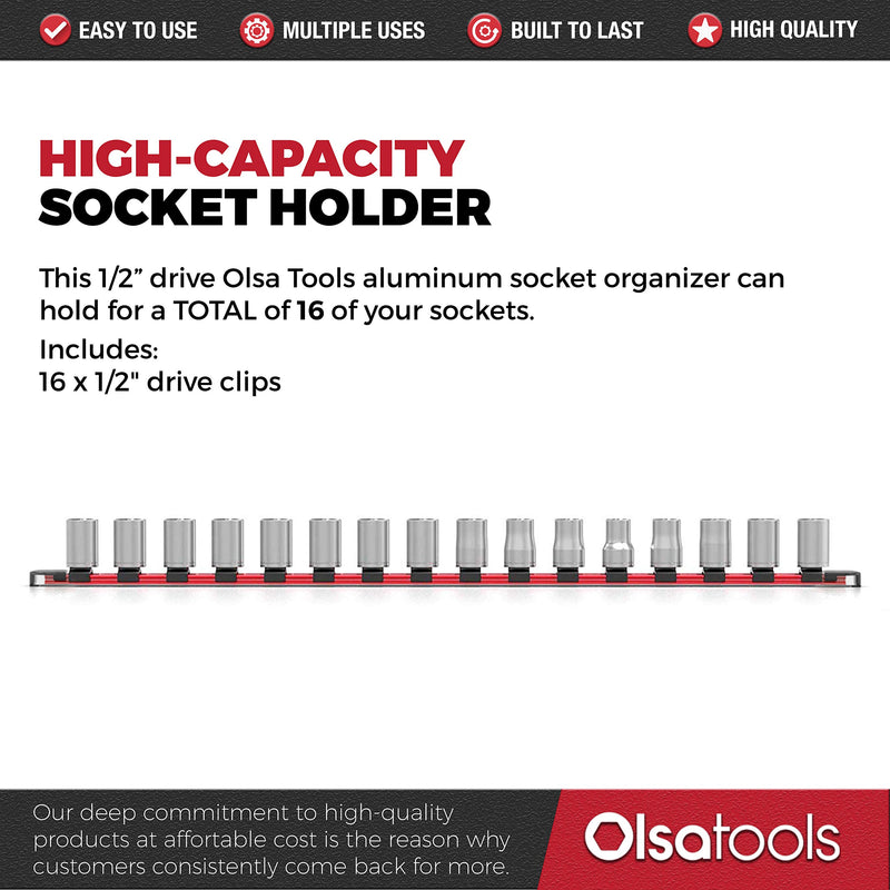 Olsa Tools 1/2-Inch Drive Aluminum Socket Organizer with Locking End Caps | Premium Quality Socket Holder (RED) Red - NewNest Australia