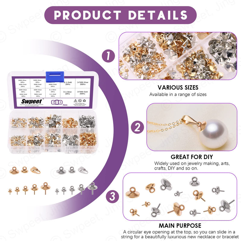 Swpeet 680Pcs Gold and Sliver 3mm 4mm 5mm 6mm 8mm Cup Pearl Screw Eye Pin Bail Peg Pendants with 7mm Pendant Charm Clasps Connector Kit, Perfect for Half-drilled Beads Jewelry Making - NewNest Australia