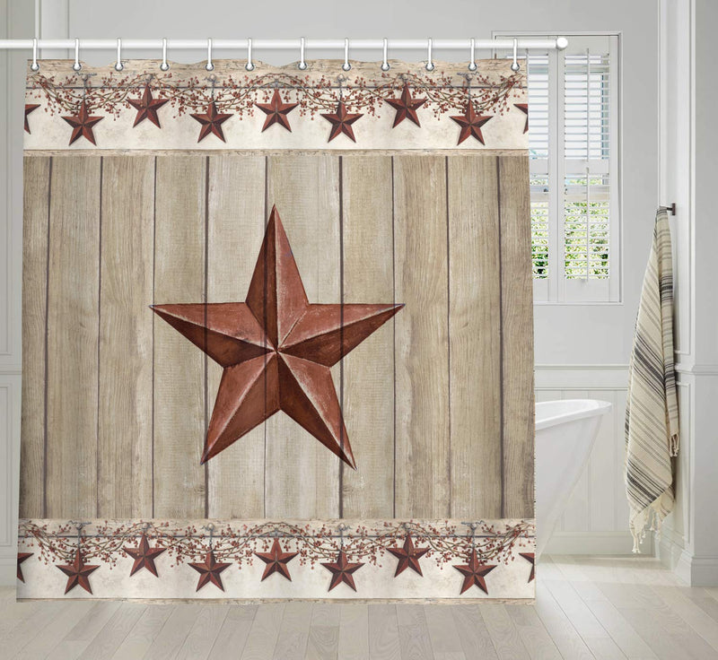 Rustic Barn Star on Wooden Door Shower Curtain, Western Texas Star and Primitive Berries on Country Wooden Plank Bath Curtains, Polyester Fabric Bathroom Shower Curtain 12PCS Hooks 69X70IN 69X70 - NewNest Australia