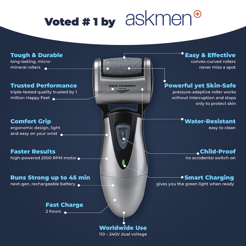 Electric Hard Skin Remover for Men by Own Harmony: USA's Best Rated Callus Remover- Rechargeable Pedicure Tools w 3 Coarse Rollers, Velvet-Smooth Foot Care- Professional Spa Pedi Feet File (USB Cord) - NewNest Australia
