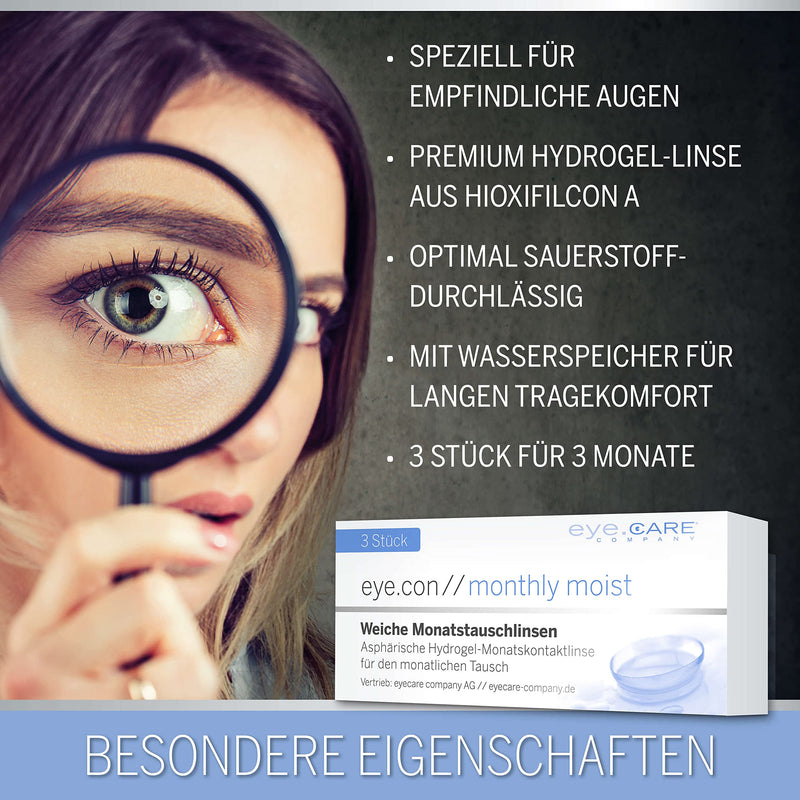 Eye.Con Monthly Moist Soft Monthly Lenses - With Uv Protection - 3 Hydrogel Contact Lenses With Strength For Sensitive Eyes. Contact Lenses With 57% Water Content Bc 8.6Mm, Dia 14.2Mm, -6.00D 1 Piece (Pack Of 3) - NewNest Australia