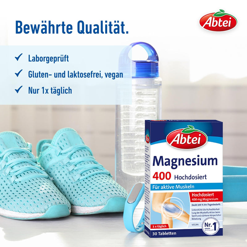 Abtei Magnesium 400 - high-dose magnesium - for active muscles - laboratory-tested, gluten-free, lactose-free and vegan - 30 tablets New - NewNest Australia