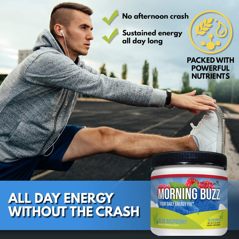 Morning Buzz Sports Energy Drink Mix by New Health, Pre Workout, Sports Nutrition Drink, Supports Lasting Energy, Endurance, Mental Clarity, and Metabolism, 8 Ounce Powder, 30 Servings(Blue Raspberry) Blue Raspberry - NewNest Australia