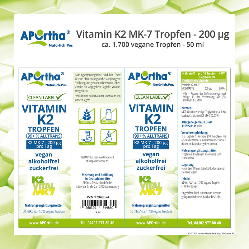 APOrtha® Vitamin K2 MK-7 drops (K2VITAL®) 50 ml, 200 µg per daily dose of 10 drops, approx. 1,700 vegan K2 drops 99+% ALL-Trans, high dosage, allergen-free, alcohol-free, sugar-free, gluten-free - NewNest Australia