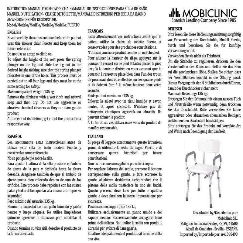 Mobiclinic, Model Puerto Bath Chair For Disabled People Shower Aid Bath Stool For Elderly Bathing Seat With Backrest Height Adjustable Non-Slip Feet Padded Armrests Lightweight - NewNest Australia