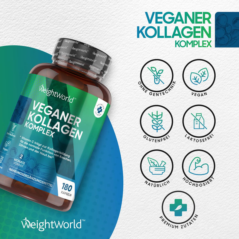 Vegan Collagen Capsules - Collagen Complex Protein For Collagen Formation In The Body - 180 Capsules For 2 Months - Hyaluronic Acid, Vitamin C, E & Zinc - For Skin, Hair & Nails - Collagen Weightworld - NewNest Australia