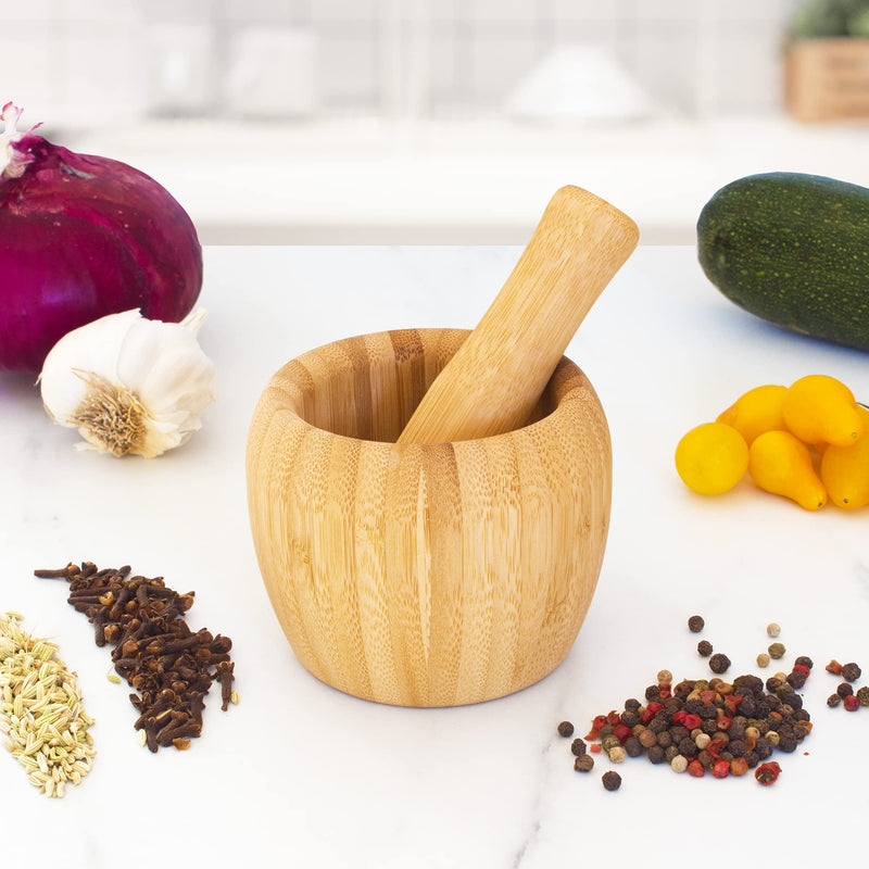 TB Essentials Bamboo Mortar and Pestle Set, 6.75 Ounce Capacity, Perfect for Guacamole, Pesto, Salad Dressing and More - NewNest Australia