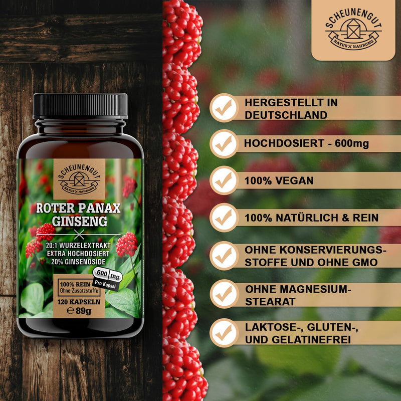 Roter Panax Ginseng Kapseln -1800Mg Je Tagesdosis- Wichtig: 20:1 Extrakt (=12000Mg Ginseng Je Kapsel) I Maximale Bioverf√ºgbarkeit I 20% Ginsenoside I 120 St√ºck I Aus Deutschland I Scheunengut - NewNest Australia