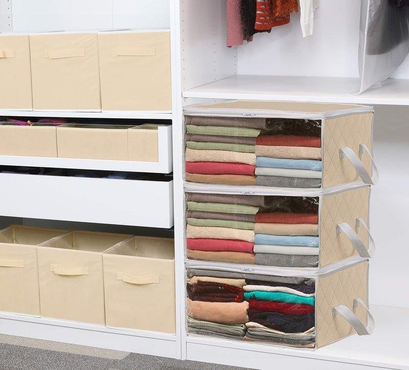 Simple Houseware 3 Pack Foldable Closet Organizer Clothing Storage Box with Clear Window, Beige Medium - NewNest Australia