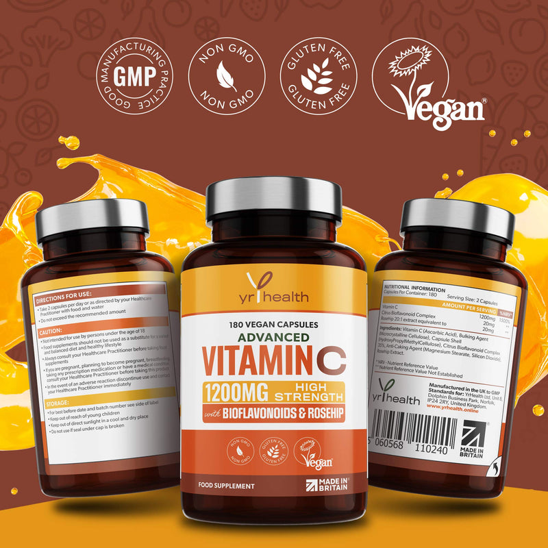 Vitamin C 1200mg Immune Support with Bioflavonoids and Rosehip | 180 Vegan Vitamin C Capsules not Tablets | Slow Release VIT C Ascorbic Acid | Made in The UK by YrHealth - NewNest Australia