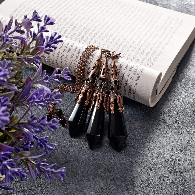 JOVIVI Natural Black Obsidian Crystal Dowsing Pendulum Metal Retro Bronze Gemstone Hexagonal Pendant Pendulum Chain for Healing,Scrying,Divination,Dowser - NewNest Australia