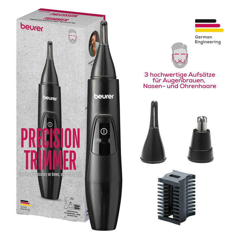 Beurer MN2X precision trimmer, for trimming and shaping eyes, nose and ear hair, 3 high-quality stainless steel attachments, waterproof, battery operated - NewNest Australia