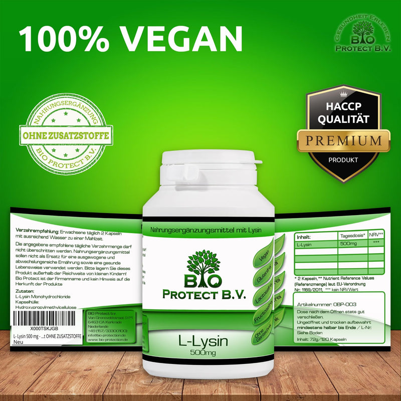 L-Lysine 500 Mg - 120 Capsules Without Additives - High Dose With 1000 Mg Per Daily Dose - Made From Vegetable Fermentation - Laboratory Tested - Bio Protect - NewNest Australia