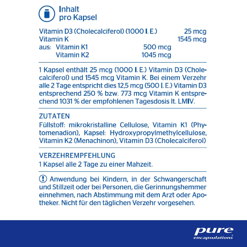 Pure Encapsulations - Vitamin K & D - Hypoallergenic formula with vitamin K1, K2, and D3 for strong bones - 60 capsules - NewNest Australia