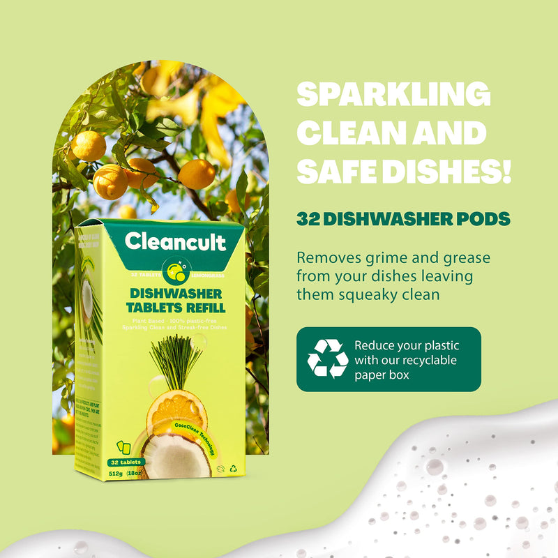 Cleancult Dishwasher Pods, 32 count, Lemongrass Scent, Biodegradable Detergent Tablets, Cruelty Free Tabs - NewNest Australia